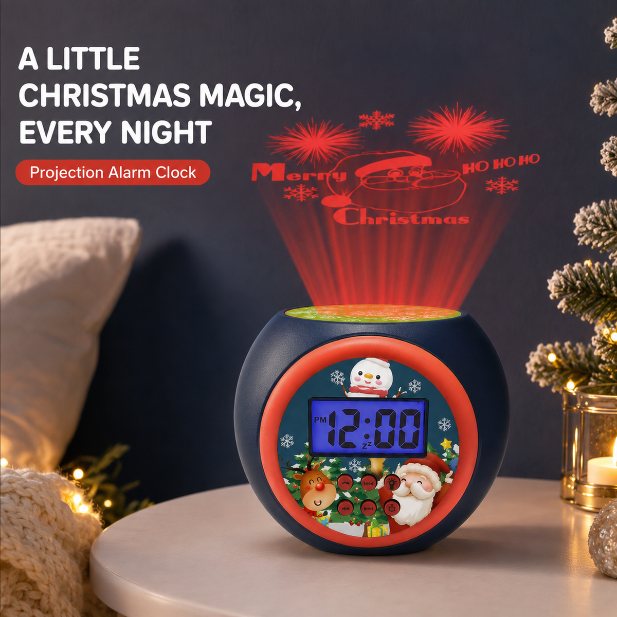 Christmas Projection Alarm Clock with Music, Snooze & Backlight for Kids