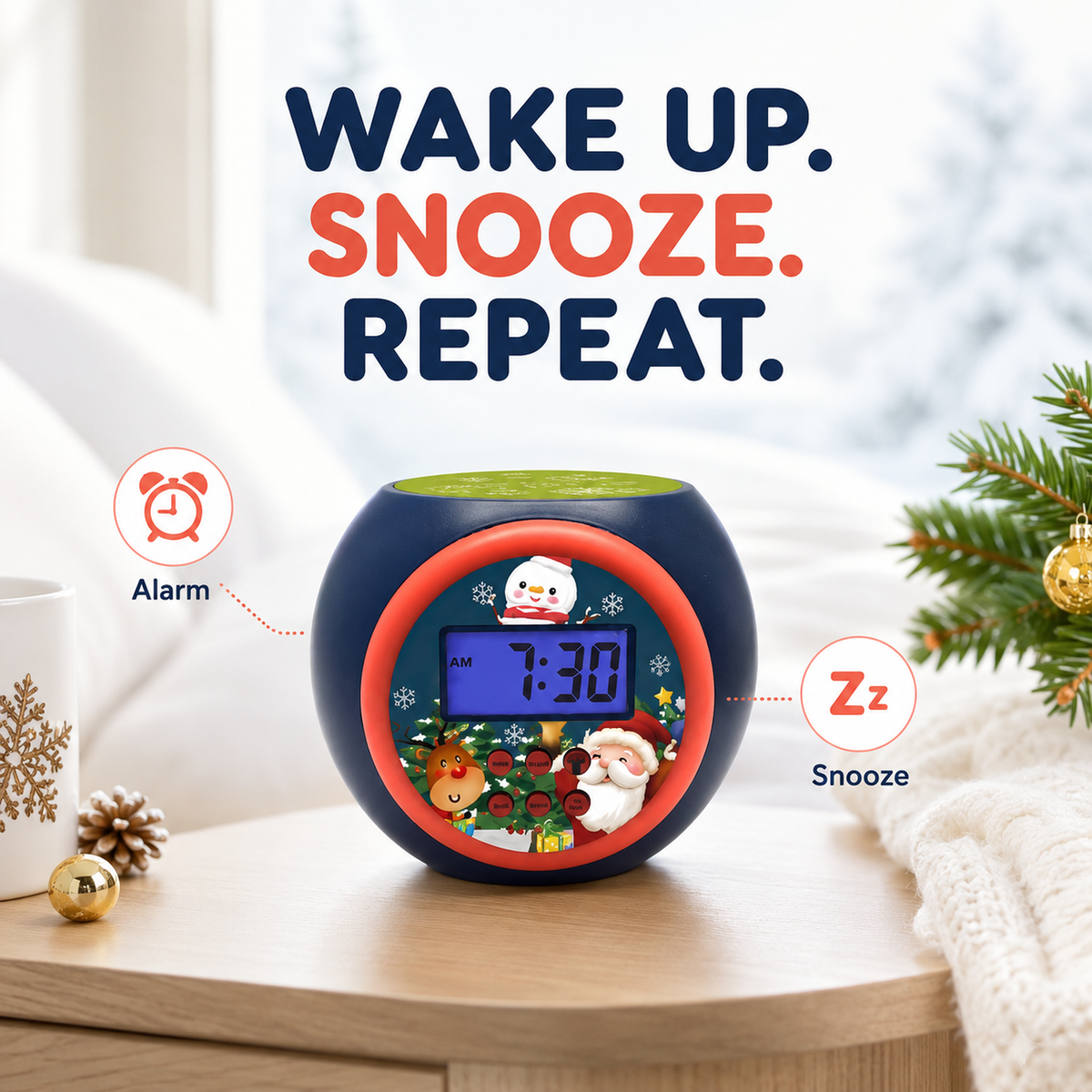 Christmas Projection Alarm Clock with Music, Snooze & Backlight for Kids