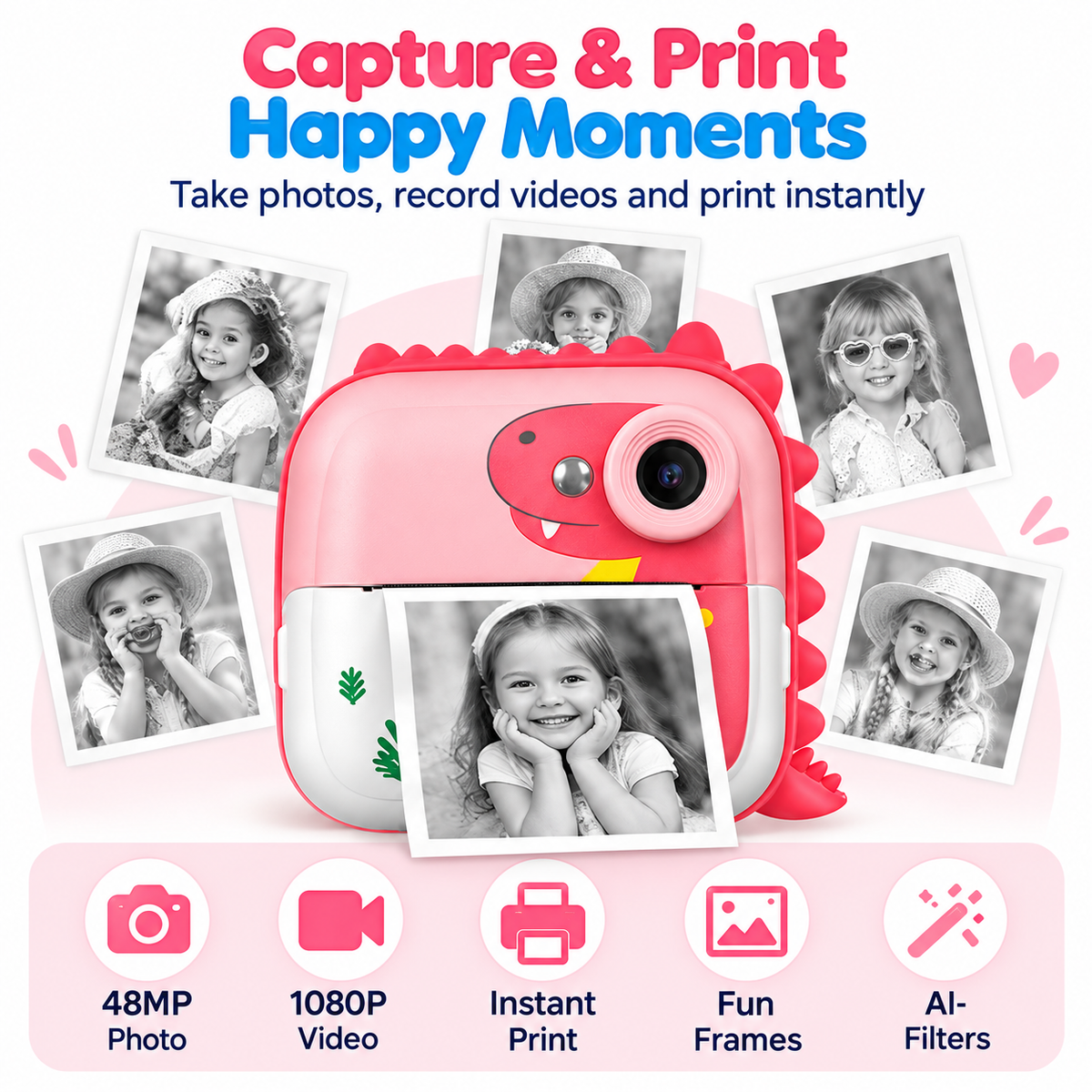 Dinosaur Kids Instant Print Camera with Bluetooth App