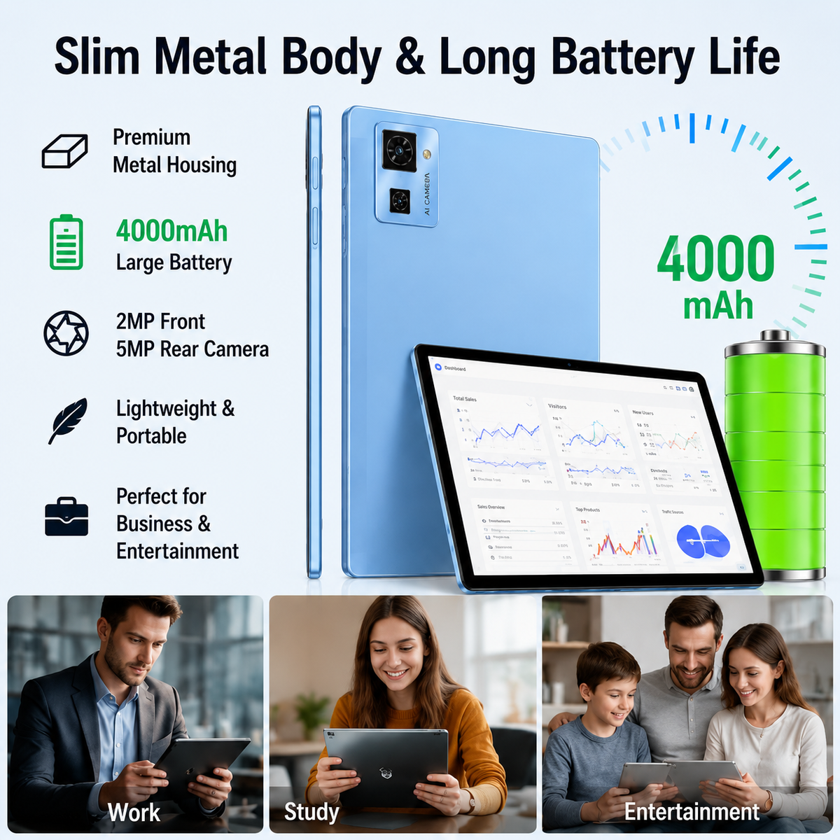 10.1 Inch Android 10.0 3G Business Tablet PC, 3GB RAM + 32GB Storage, IPS Display