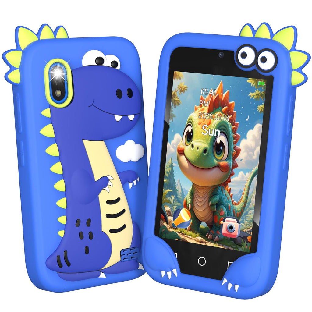Blue 4 inch kids smart phone camera toy white background front and back