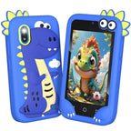 Blue 4 inch kids smart phone camera toy white background front and back