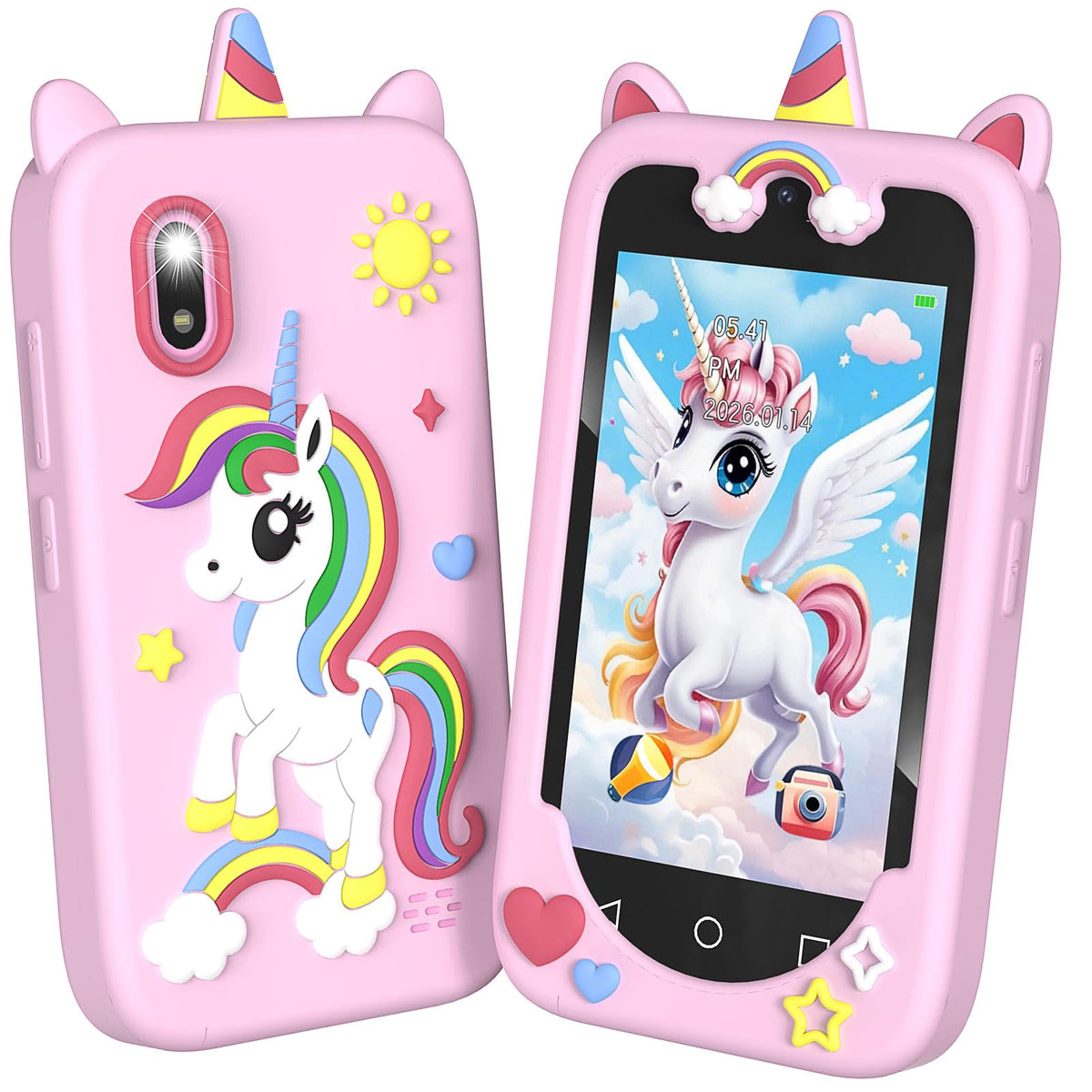 Pink 4 inch kids smart phone camera toy white background front and back