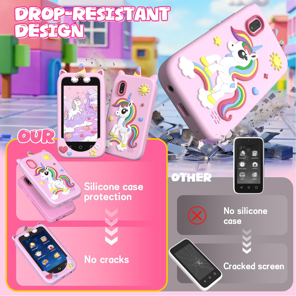 Pink 4 inch kids smart phone camera toy package and accessories image
