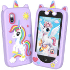 Purple 4 inch kids smart phone camera toy white background front and back