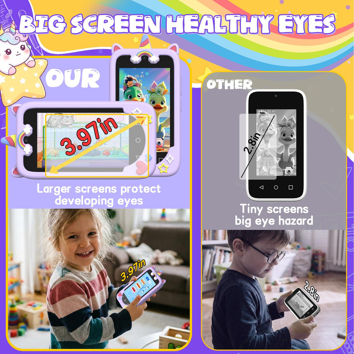 Purple 4 inch kids smart phone camera toy feature image