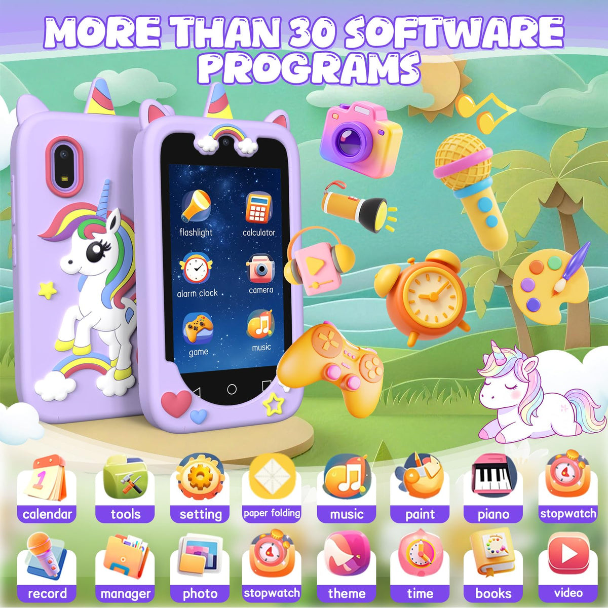Purple 4 inch kids smart phone camera toy software and games image