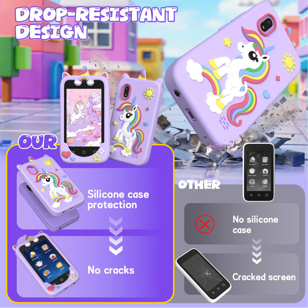 Purple 4 inch kids smart phone camera toy package and accessories image