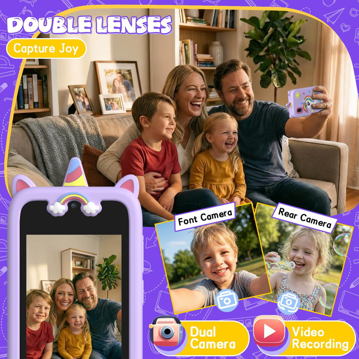 Purple kids smart phone camera toy lifestyle image