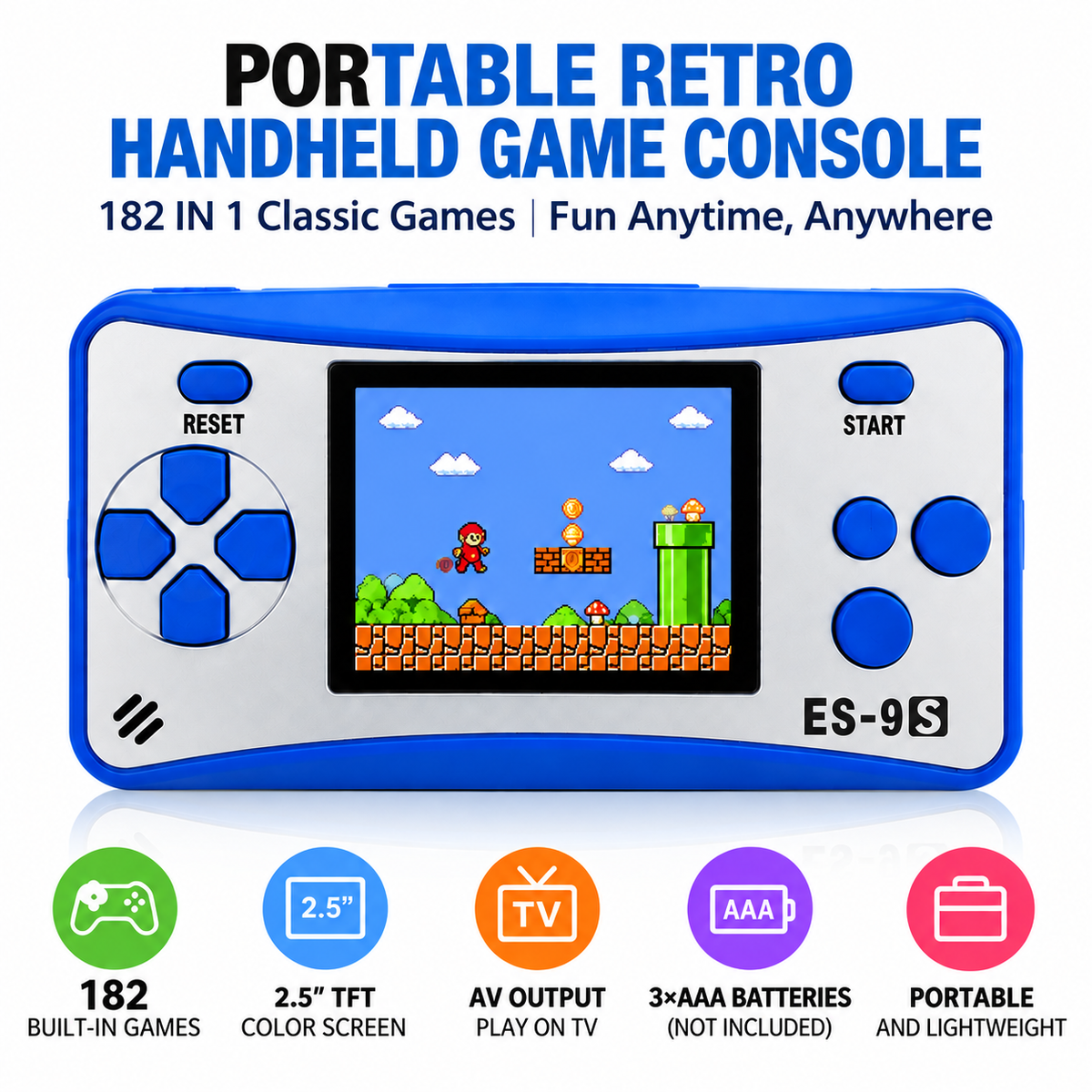 2.5 Inch Classic Handheld Game Console with 182 Built-in Games & AV Outpu