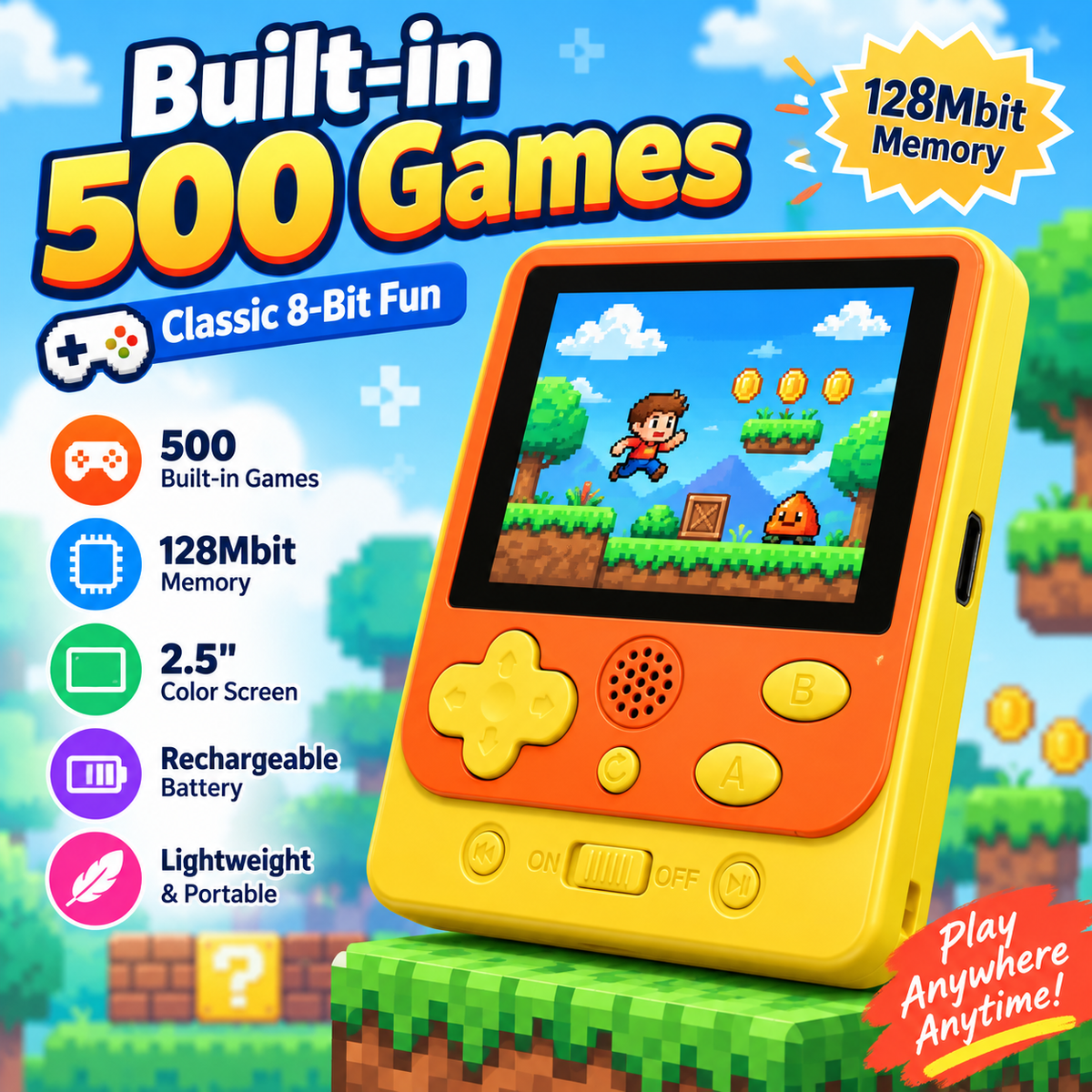 2.5 Inch Handheld Game Console with 500 Built-in 8-Bit Games & Type-C Charging