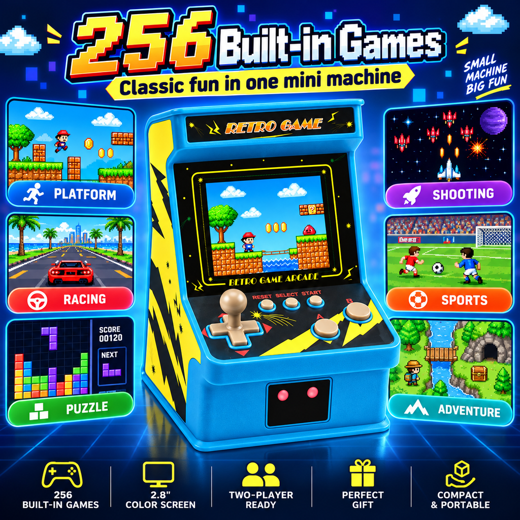 Mini Retro Arcade Game Console with 256 Built-In Games, 2.8-Inch IPS Screen, 2-Player Support & TV Output