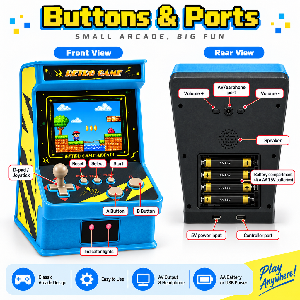 Mini Retro Arcade Game Console with 256 Built-In Games, 2.8-Inch IPS Screen, 2-Player Support & TV Output