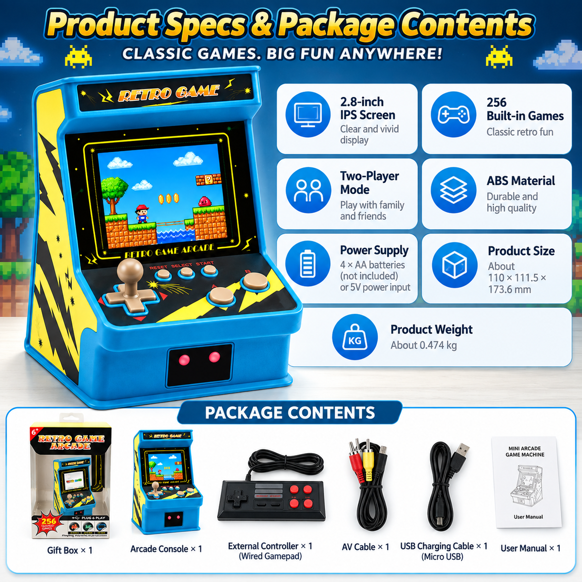 Mini Retro Arcade Game Console with 256 Built-In Games, 2.8-Inch IPS Screen, 2-Player Support & TV Output