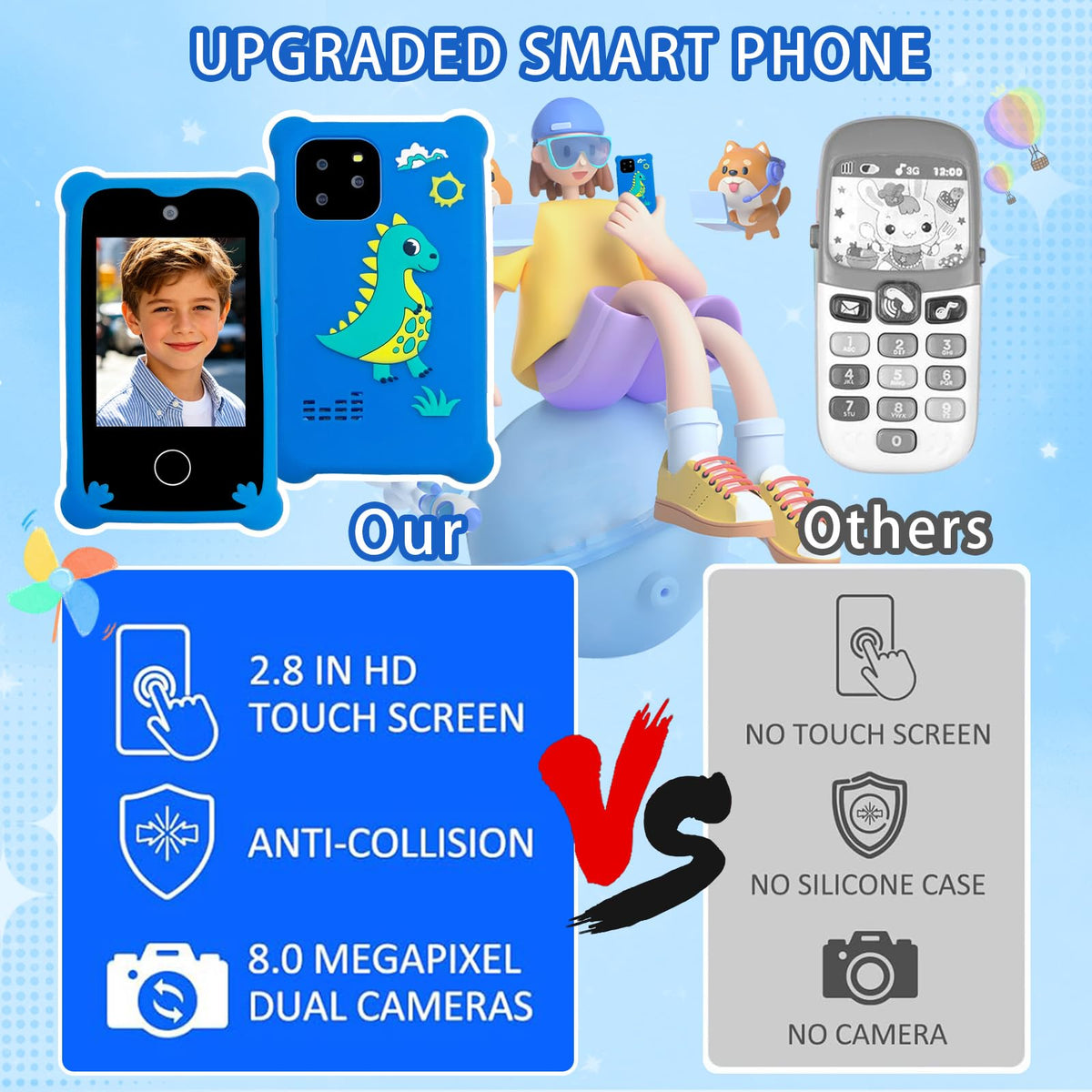 Kids touchscreen camera phone Green Dinosaur product view 3
