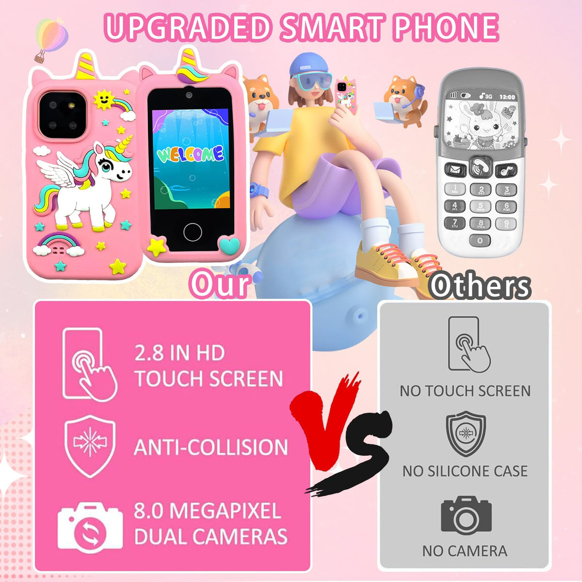 Kids touchscreen camera phone Pink Pegasus product view 3