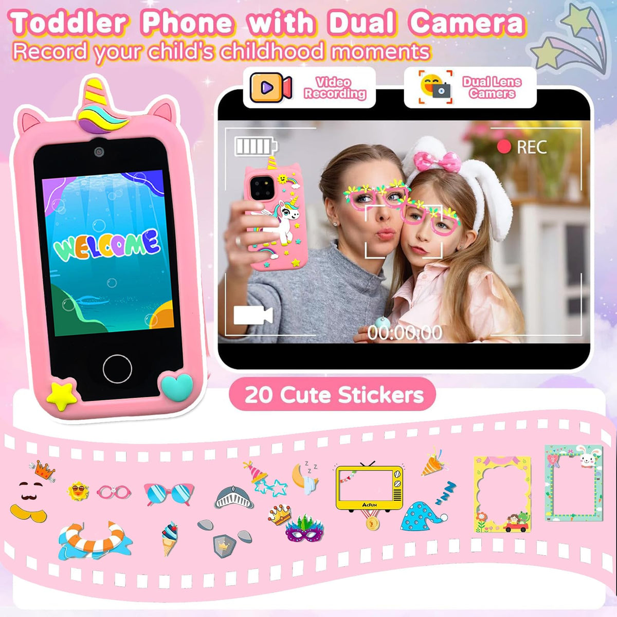 Kids touchscreen camera phone Pink Pegasus product view 4