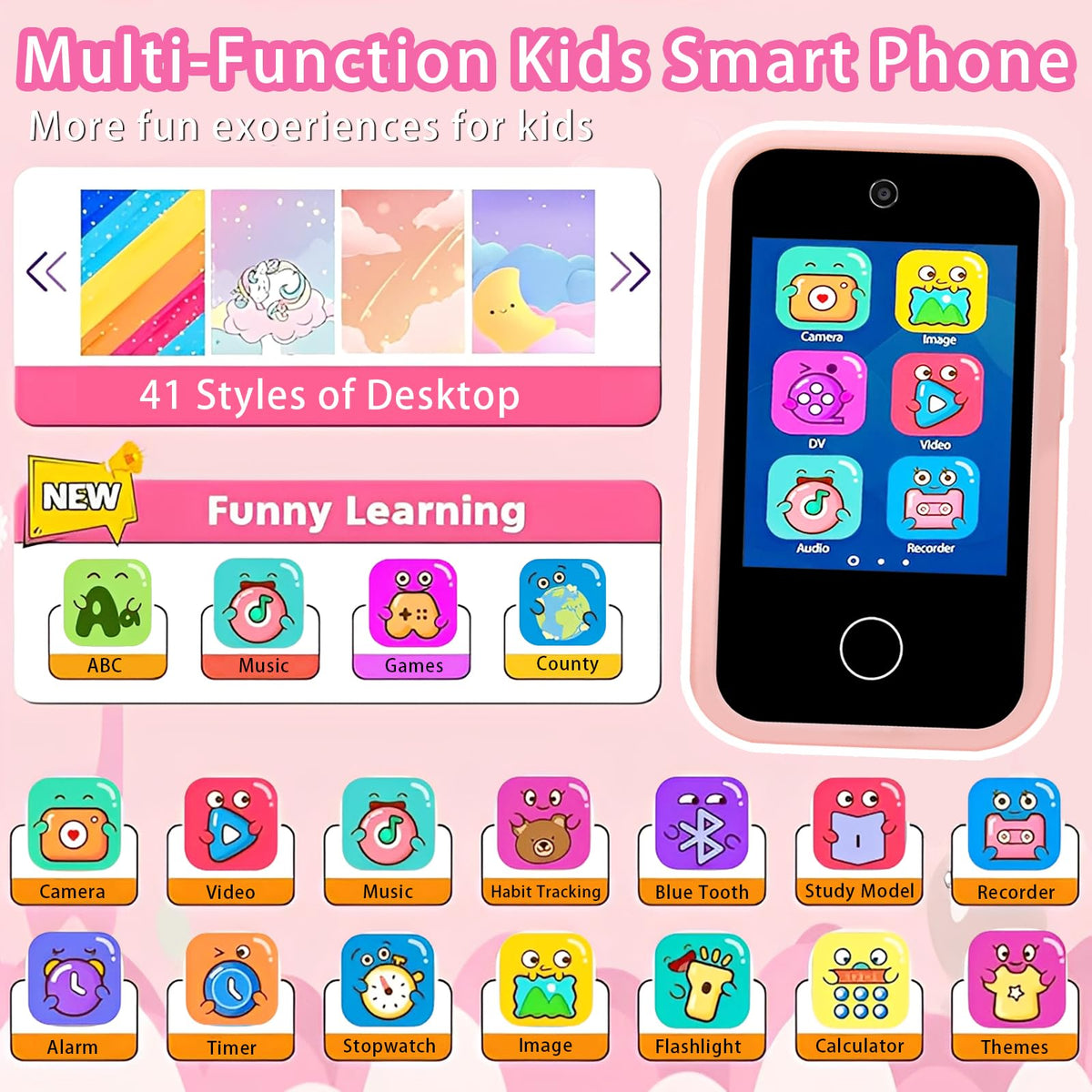 Kids touchscreen camera phone Pink Shark product view 5