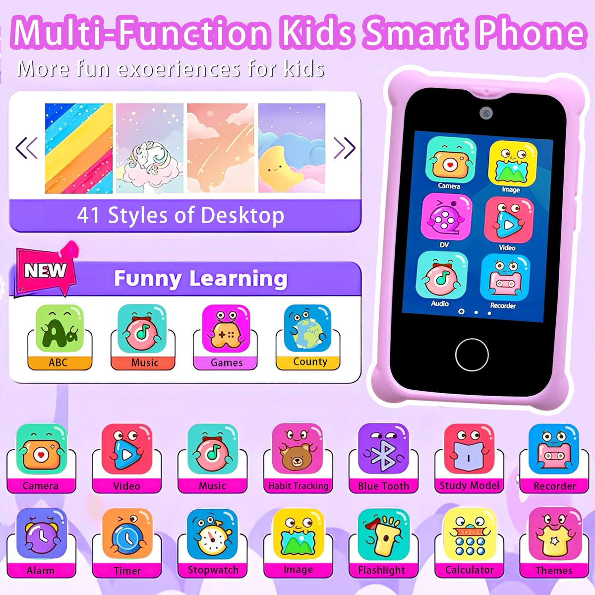 Kids touchscreen camera phone Purple Unicorn product view 2