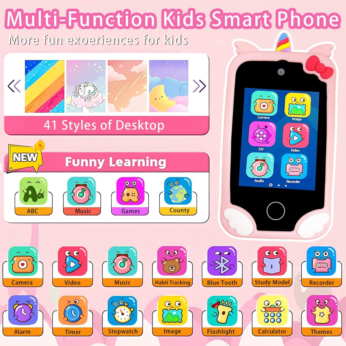Kids touchscreen camera phone Winged Unicorn product view 2
