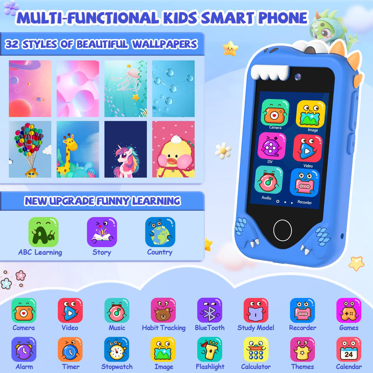 Blue dinosaur kids camera phone toy feature image