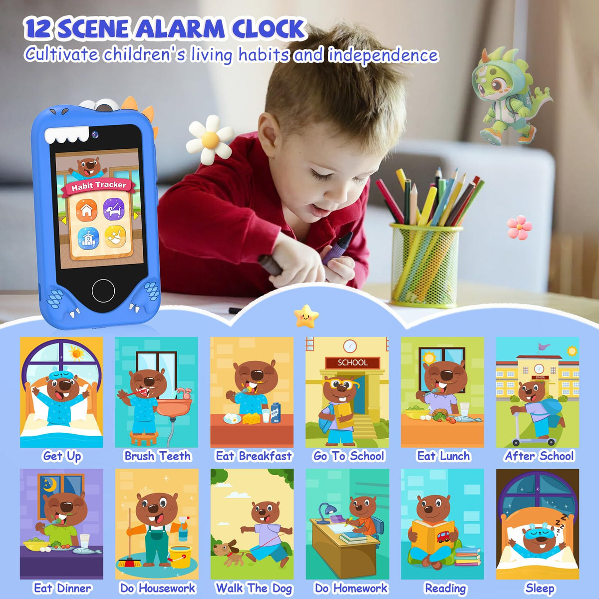 Kids smart phone camera toy blue dinosaur display and camera image
