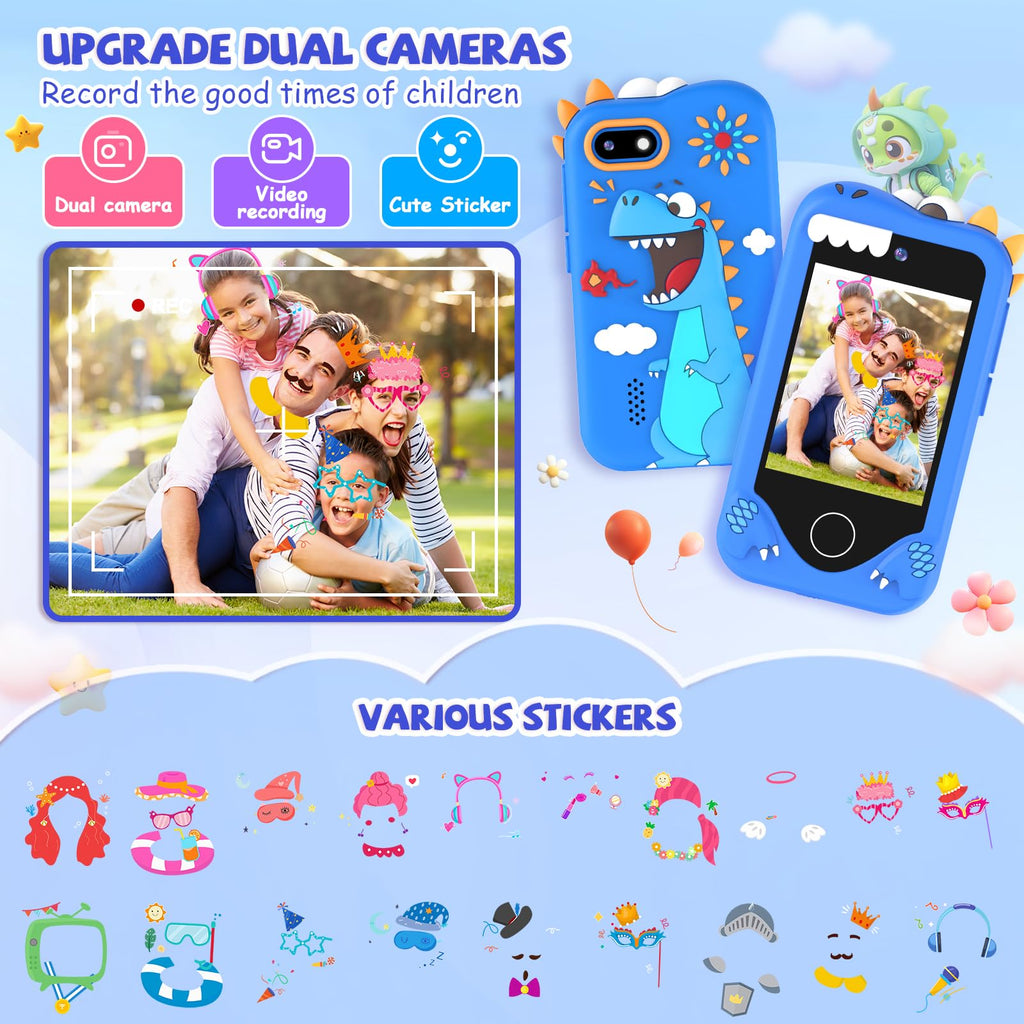 Blue kids camera phone toy with dinosaur case lifestyle image