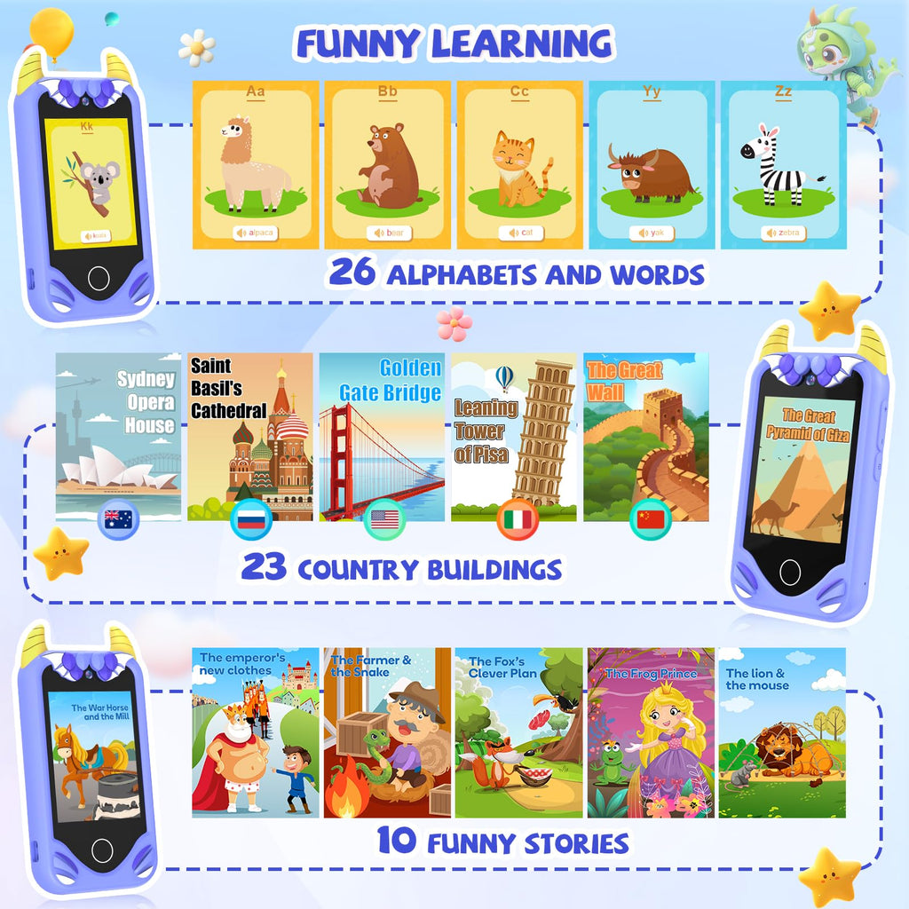 Blue kids phone camera toy functions and games image