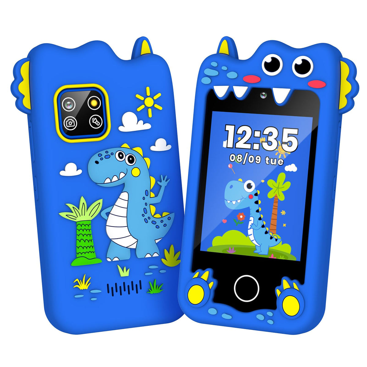 Bright blue kids smart phone camera toy with dinosaur silicone case front and back view