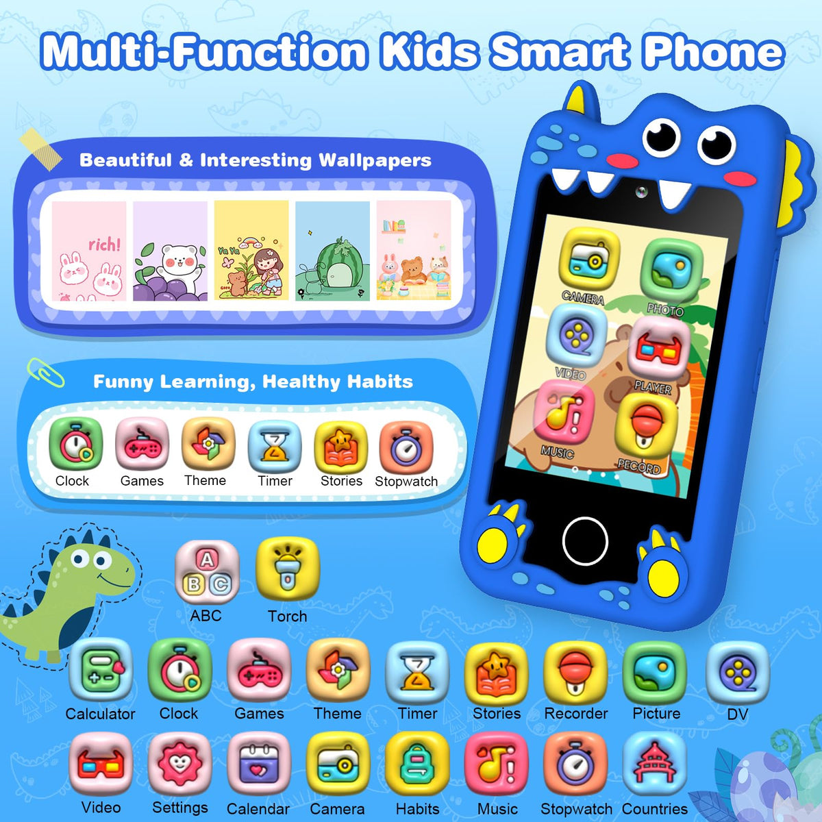 Bright blue dinosaur kids camera phone toy detail image