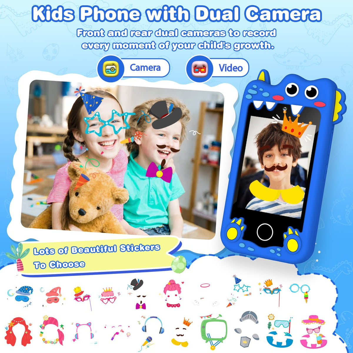 Bright blue kids smart phone camera toy dinosaur design image