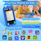 Bright blue kids smart phone camera toy package and feature image