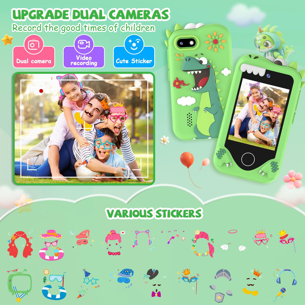 Green kids smart phone camera toy dinosaur case lifestyle image
