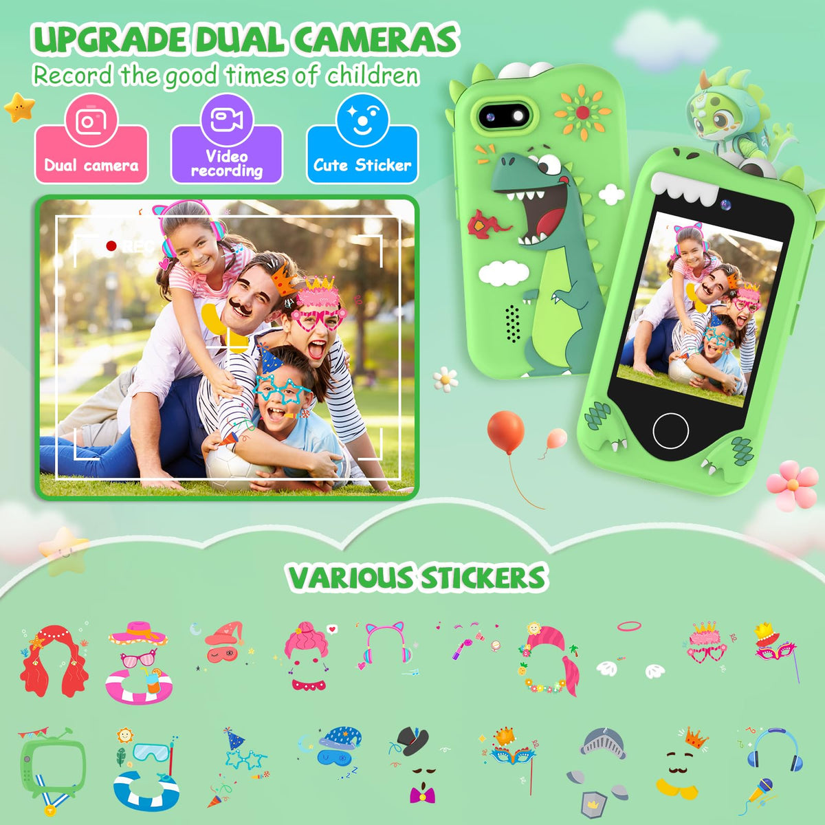 Green kids smart phone camera toy dinosaur case lifestyle image