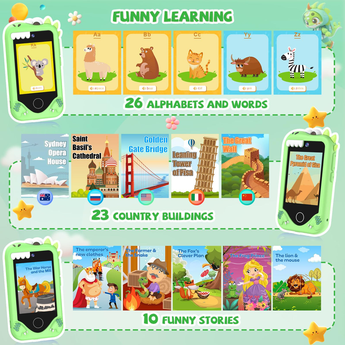 Green kids camera phone toy 44 games and functions image