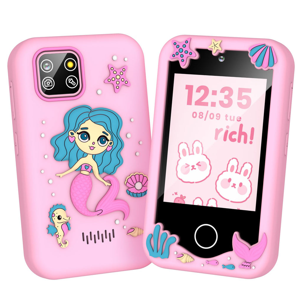 Light pink kids smart phone camera toy with mermaid silicone case front and back view