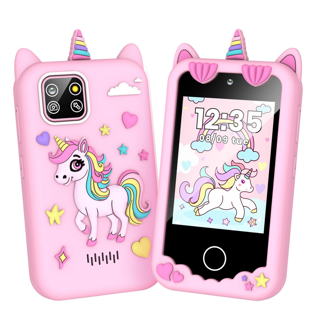 Light pink kids smart phone camera toy with unicorn silicone case front and back view
