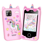 Light pink kids smart phone camera toy with unicorn silicone case front and back view