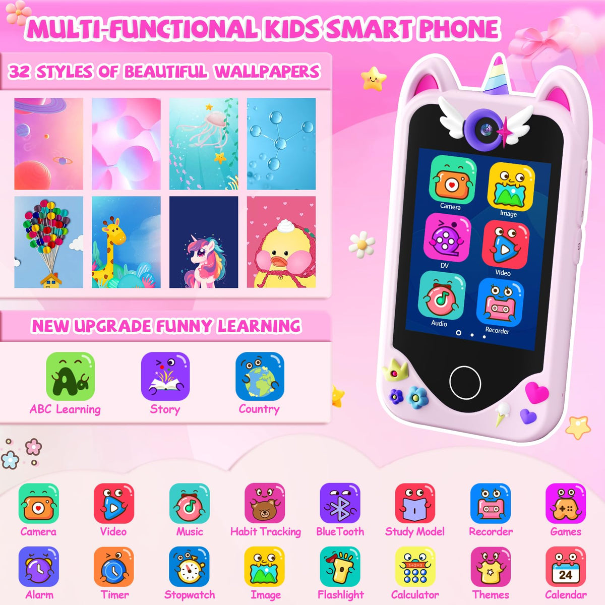 Pink unicorn kids camera phone toy feature image
