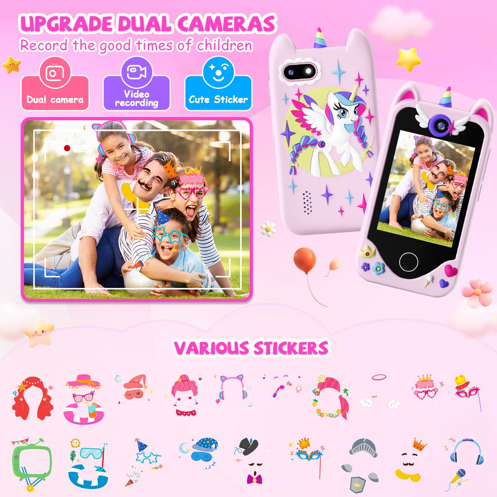 Pink kids smart phone camera toy unicorn case lifestyle image