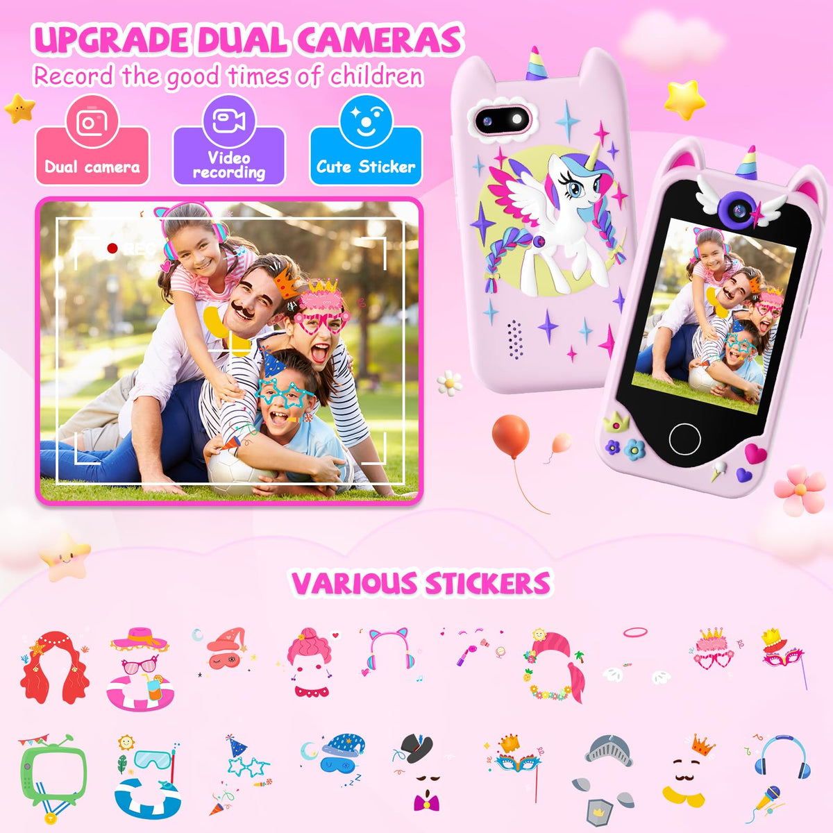 Pink kids smart phone camera toy unicorn case lifestyle image