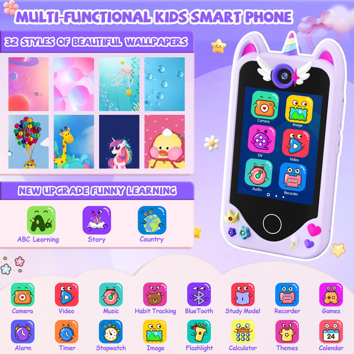 Purple unicorn kids camera phone toy feature image