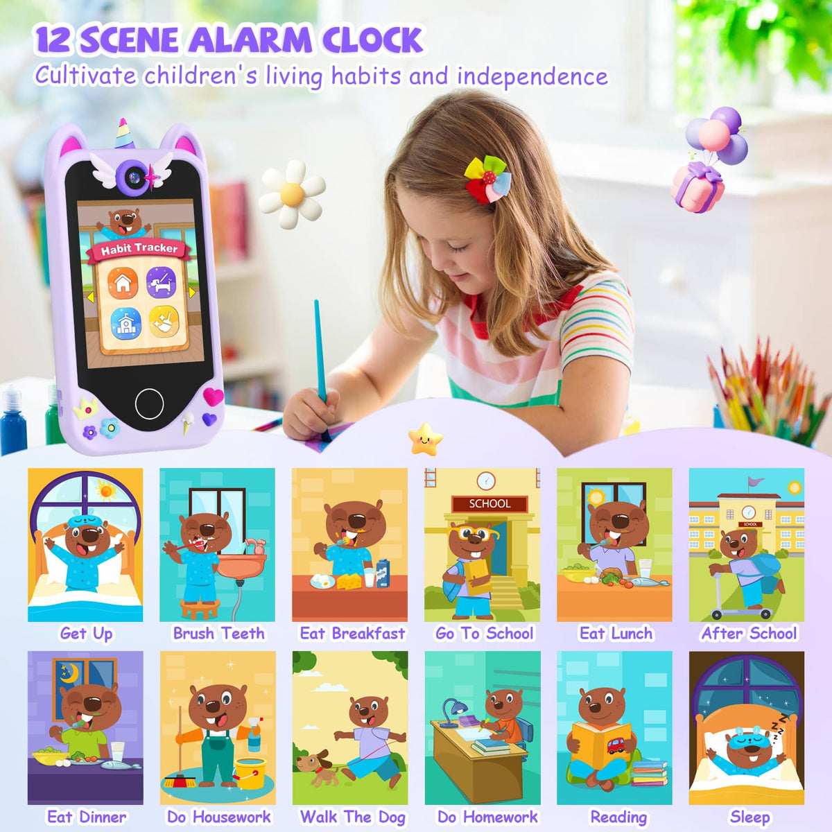 Kids smart phone camera toy purple unicorn screen and camera image