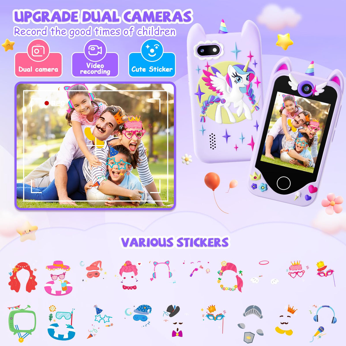 Purple kids smart phone camera toy unicorn case lifestyle image
