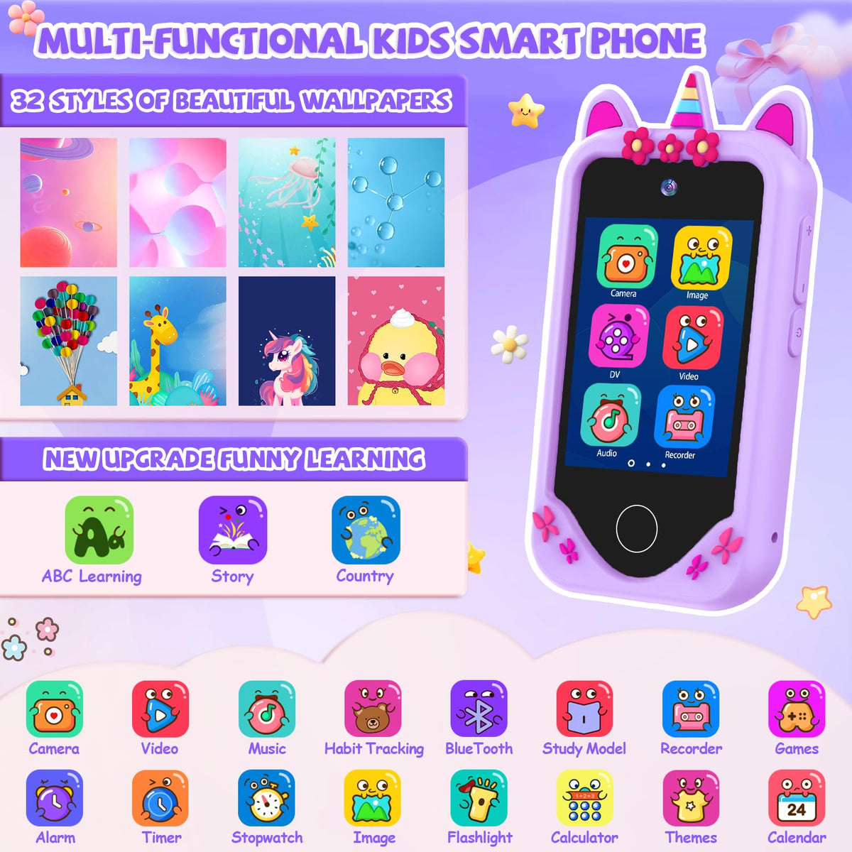 Violet rainbow unicorn kids camera phone toy feature image
