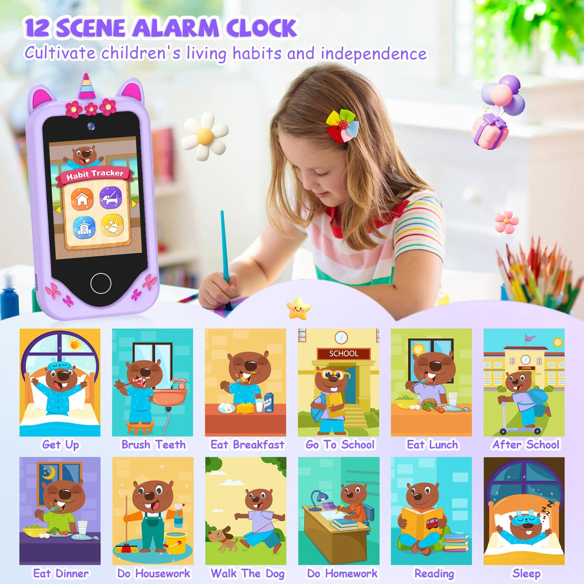 Kids smart phone camera toy violet rainbow unicorn screen and camera image