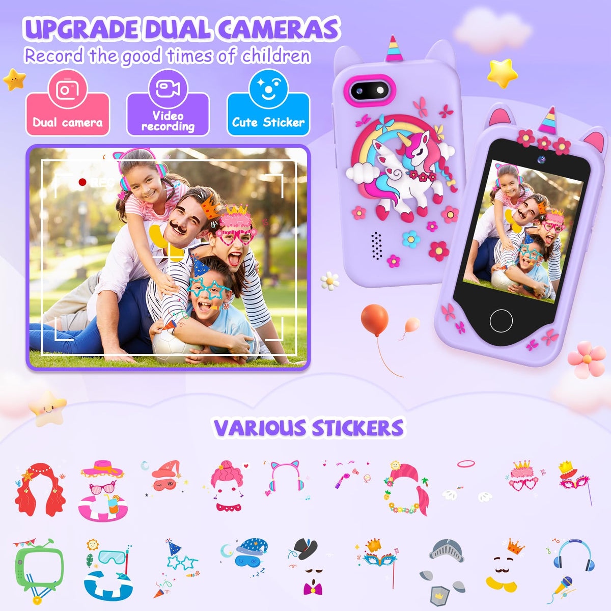 Violet kids smart phone camera toy rainbow unicorn case lifestyle image
