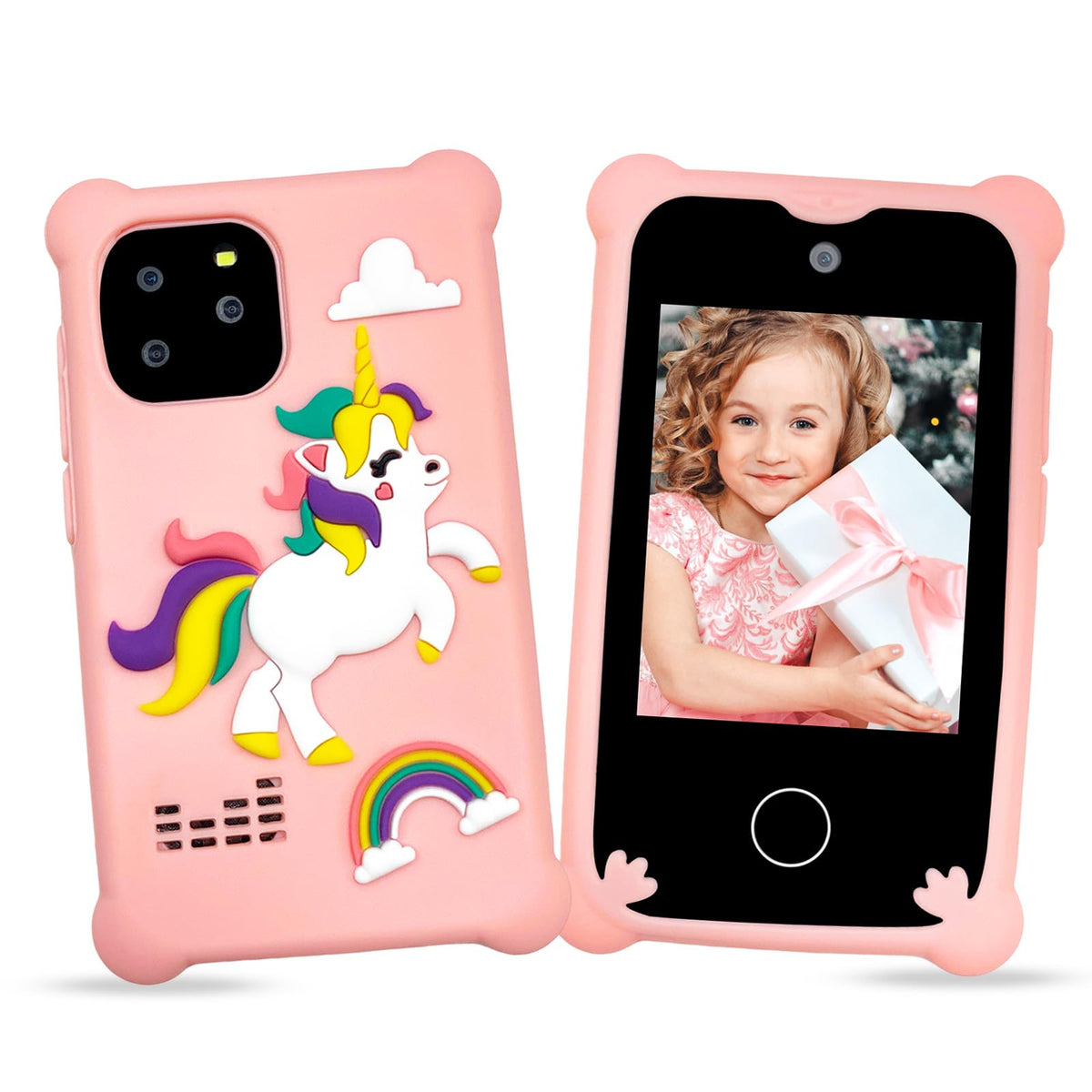 S5 kids touchscreen digital camera phone chubby pink unicorn front and back