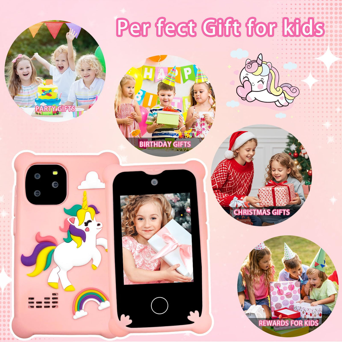S5 kids touchscreen digital camera phone chubby pink unicorn product view 8